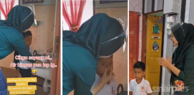 [VIDEO] Cikgu dipuji tak kekok lap hingus anak murid pada hari pertama sekolah dibuka