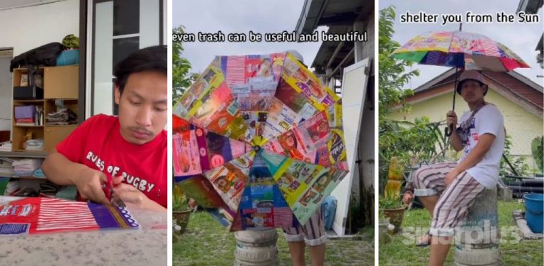 [VIDEO] Kreatif! Lelaki ini buat payung guna pembungkus makanan sahaja. Macam-macam brand ada