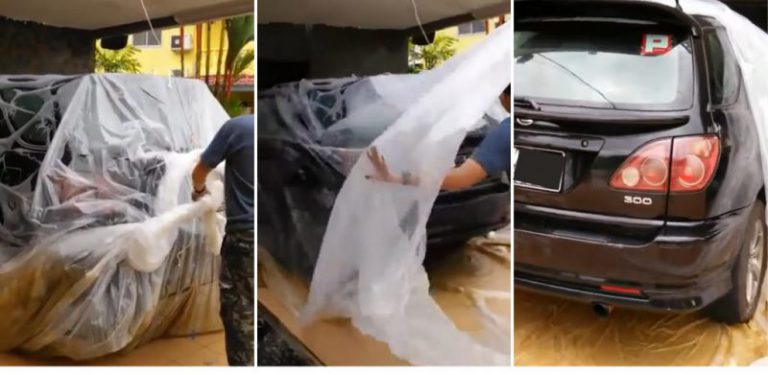 [VIDEO] Idea terbaik persiapan banjir, ramai tertarik video ‘bungkus’ kereta dengan plastik